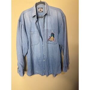 Piero Piccini Denim Shirt Mens Embroidered Biker Long Sleeve Button Up Vtg‎ XL